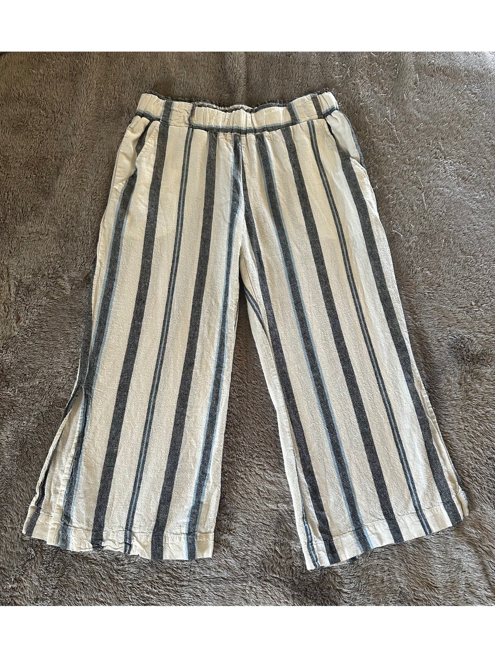 Indigo Rein Striped Linen Blend Pull On Pants Shorts Tan Blue Gray XL Boho